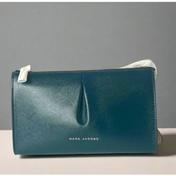 Marc Jacobs Crossbody Small Clutch Green Gray Leather Pleated Two Tone Shoulder - Picture 1 of 7